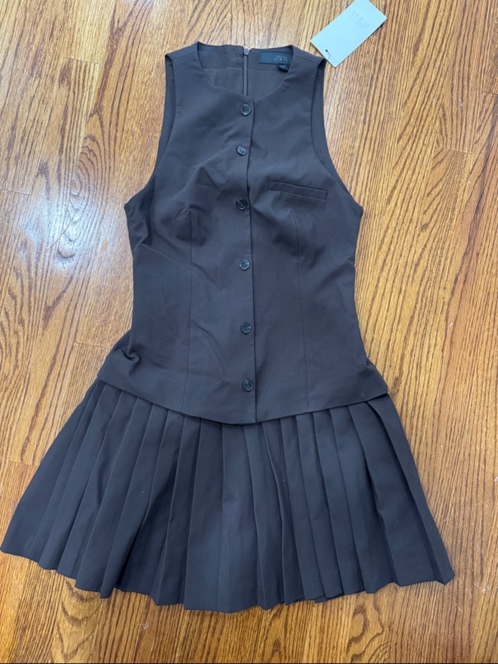 Zara women’s xs Dark Brown Pleated Front-Button Dress mini